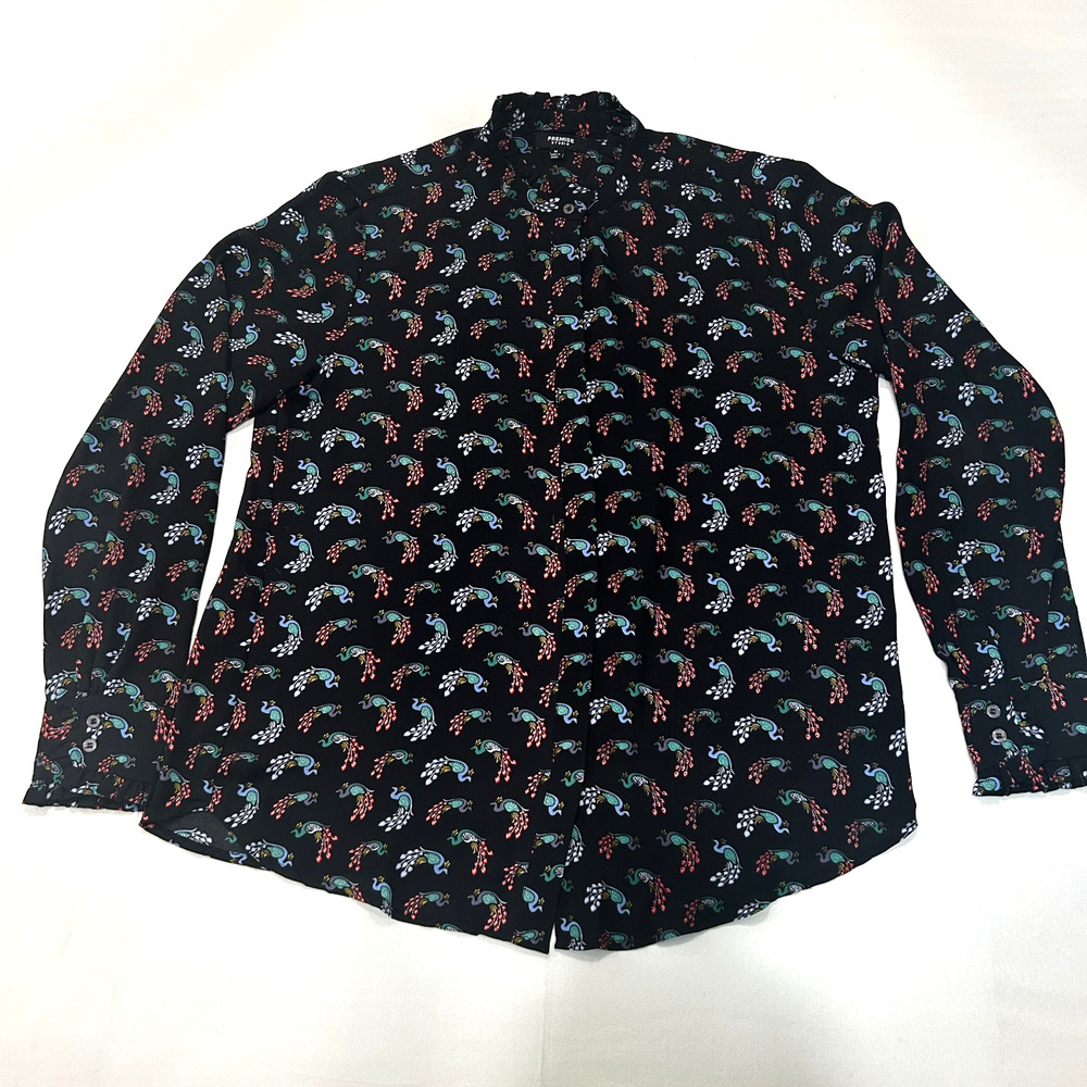 Premise Studio Women’s Long Sleeve Blouse Black with Peacock Print Size Medium.